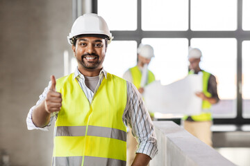 Sticker - architecture, construction business and building concept - happy smiling male architect in helmet and safety west at office showing thumbs up