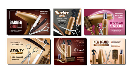 Poster - Haidresser Service Promotion Posters Set Vector. Razor And Hair Dryer, Comb And Scissors Barber Shop Hairdresser Equipment Advertising Banners. Style Concept Template Illustrations