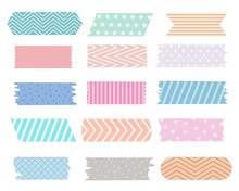 Set Masking Tape Washi Isolated Vector Illustration. A Collection Of Cute Stickers To Highlight Or Decorate Photos And Postcards. Small Decorated Masking Tapes For Design