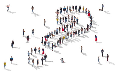 Aerial view of crowd of people standing in shape of question mark. Top view of men and women isolated on white background