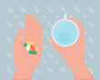 Taking prescription pills flat color vector illustration. Medical treatment for disease. Drugs for illness. Holding medications and cup of water 2D cartoon first view hand with abstract background