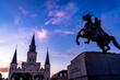 Sunset Andrew Jackson statue, Saint Louis Cathedral, New Orleans, Louisiana. Statue erected 1856 from same statue across from White House
