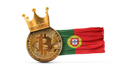 Wall Mural - Bitcoin with gold crown and Portugal flag. Cryptocurrency king concept. 3D Rendering