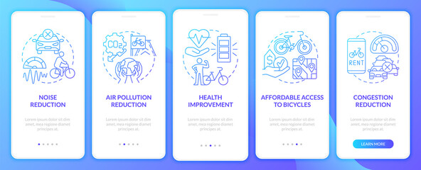 Bike-share program impact onboarding mobile app page screen. Noise levels reduction walkthrough 5 steps graphic instructions with concepts. UI, UX, GUI vector template with linear color illustrations