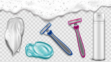 Shave Accessory Hair Tool Vector. Razor For Women And Men. Foam And Shaving Gel. Bubble Foam. Barber Sharp Hygiene Skin Object 3d Realistic Illustration