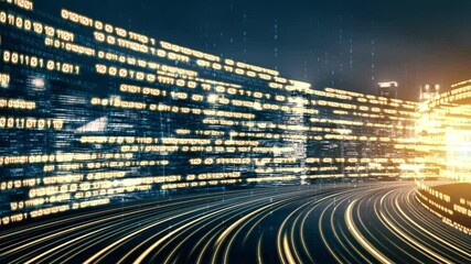 Loopable video of digital data flow on road in concept of program coding with graphic creating vision of fast speed transfer to show digital transformation , disruptive innovation . Seamless Loop .