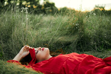 Woman In Red Dress Lying On The Grass Fresh Air Nature Romance