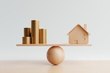 Wooden House And Golden Coin On Balancing Scale On White Background. Real Estate Business Mortgage Investment And Financial Loan Concept. Money-saving And Cashflow Theme. 3D Illustration Rendering