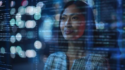 portrait of asian female startup digital entrepreneur working on computer, line of code projected on
