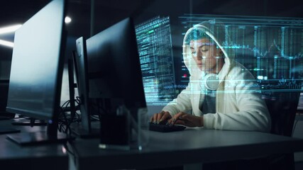Poster - Hologram Screens: Portrait of Young Female IT Specialist Working on PC with Holographic Projection, Multiple Displays Show Coding Language, Backend Programming, Software Creation, Product Development