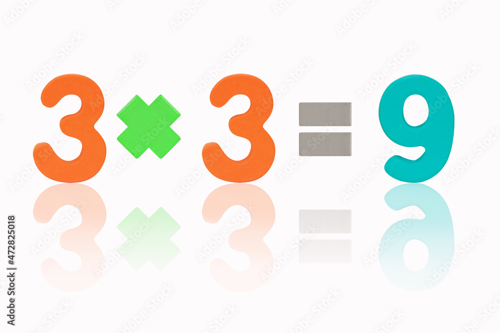 Three multiply three equals nine (3x3=9) Image of simple math addition ...