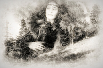 Poster - beautiful shamanic girl in the nature and drawing efect.