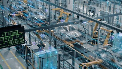 Aufkleber - Time-Lapse Car Factory Digitalization Industry 4.0 Concept: Automated Robot Arm Assembly Line Manufacturing High-Tech Electric Vehicles. AI Computer Vision Analyzing, Scanning Production Efficiency