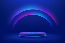 Abstract Realistic 3d Blue Cylinder Pedestal Podium With Sci-fi Dark Blue Abstract Room With Semi Circle Glowing Neon Lighting Scene. Vector Rendering Product Display Presentation. Futuristic Scene.