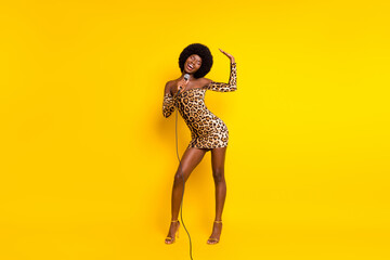 Poster - Full length body size photo girl in leopard dress singing smiling overjoyed isolated vivid yellow color background