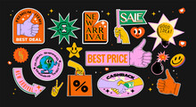 Retro Vintage Styled Shopping Stickers Or Icons Collection Isolated On Black Background. Vector Illustration