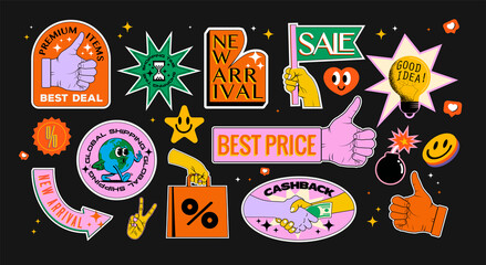 retro vintage styled shopping stickers or icons collection isolated on black background. vector illu