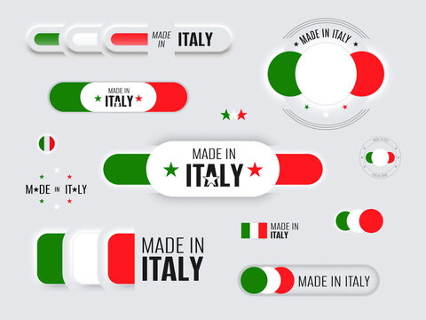 Wall Mural - Neomorphic 3d mock up italian flag buttons set on white background. Made in Italy neomorphism trendy concept design element, logo, icon, sign, symbol. Vector illustration