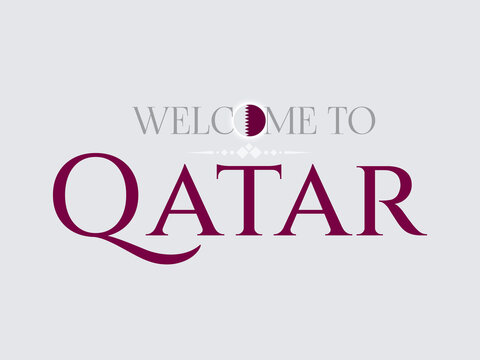 Wall Mural - Welcome to Qatar. Travel poster, banner, flyer modern design. Concept font  and round button Qatar flag colors. Vector illustration