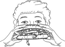 Boy Takes The Hamburger With The Pills. Antibiotics Overdose Concept. Sketchy Vector Hand-drawn Illustration.
