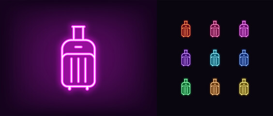 Wall Mural - Outline neon luggage icon. Glowing neon baggage sign, trip bag pictogram in vivid colors