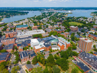 Peabody Essex Museum PEM aerial view at 161 Essex Street in historic city center of Salem, Massachusetts MA, USA. 