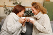 Happy loving family mother and grown up daughter sitting in kitchen decorated on Christmas enjoying hot tea and talking to each other. Christmas and New Year concept