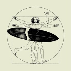 Wall Mural - Da Vinci man surfer. Vitruvian man gone surfing showing shaka sign. Isolated vector illustration.