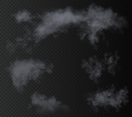 set of the gray vector realistic clouds isolated on dark transparent background. best of all useful 