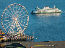 Usa, Washington State, Seattle, Great Wheel Ferris Wheel And Washington State Ferry