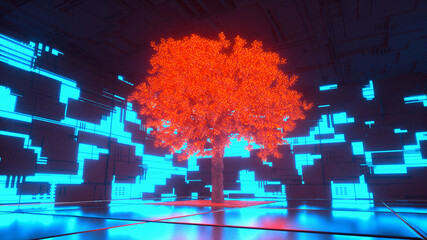 Wall Mural - a neon glowing tree in a futuristic room (3d rendering)