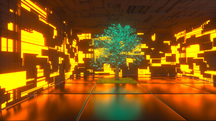 Wall Mural - a neon glowing tree in a futuristic room (3d rendering)