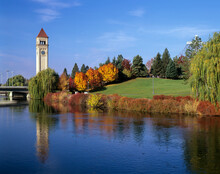 Washington State, Spokane, Riverfront Park, With The Clock Tower And Spokane River