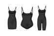 corrective lingerie shapewear 3d realistic vector illustration set. Beige silk underwear isolated on white. Front view. Body shaper. Lifting suits. Sexy corset tightening. Panty seductive black.