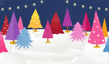 A Playful Night Time Colorful Christmas Tree Lot, In A Cut Paper Style With Textures
