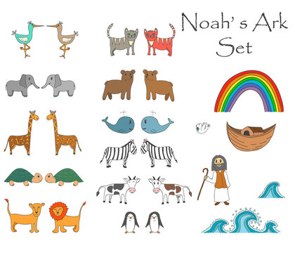 vector noah's ark set with animals, bible story for children