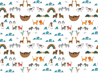 Vector seamless pattern with Noah's Ark concept, Bible story for kids. Colorful pattern with animals for backgrounds, kids designs