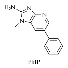 Sticker - PhIP or 2-Amino-1-methyl-6-phenylimidazo(4,5-b)pyridine molecule. Heterocyclic amine present in cooked meat. Skeletal formula.