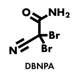 Sticker - DBNPA (2,2-dibromo-3-nitrilopropionamide) biocide, chemical structure. Quick-kill biocide that rapidly breaks down in water. Skeletal formula.