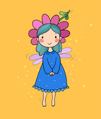 Wall Mural - Cute cartoon fairy.Little Flower elf. Little girl with wings.