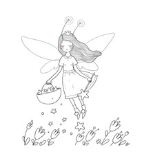 Wall Mural - Cute cartoon fairy.Little Flower elf. Little girl with wings.