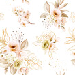 © KeepMakingArt - Gold floral seamless pattern of brown watercolor roses and sakura arrangements on white background