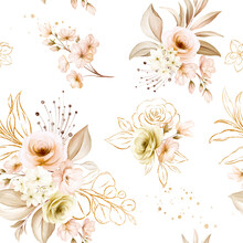 Gold Floral Seamless Pattern Of Brown Watercolor Roses And Sakura Arrangements On White Background