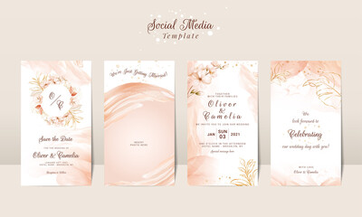 Wall Mural - Gold mobile wedding invitation card template set with floral and watercolor background