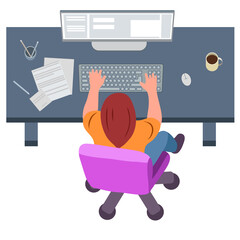 Wall Mural - working at the computer, view from the top, illustration girl sitting at home working at the compute