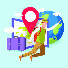 Boy Getting Ready For His Vacation Wherever He Wants To Go. Holiday. End Year Holiday. Healing. Enjoyed. Traveling. Vector Colorful Illustration.
