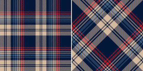 Seamless check plaid pattern set in navy blue, red, beige. Dark tartan vector print for flannel shirt, skirt, blanket, throw, other modern spring summer autumn winter modern fashion fabric design.