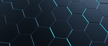 Abstract Metal Hexagon Layers Background. Hexagon Geometry Background. Abstract Black Hexagon Pattern On A Technology Style Of Neon Gradient Background.