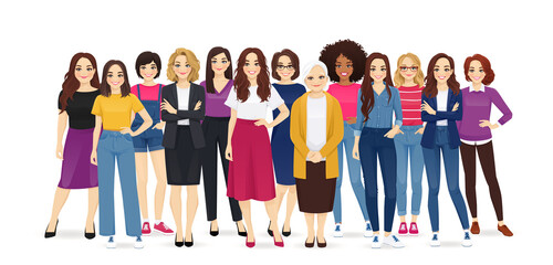 Wall Mural - Multiethnic multicultural group of different casual business women standing together isolated vector illustration
