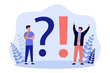 Wall Mural - tiny people standing near question and exclamation marks. persons solving problems, thinking about i